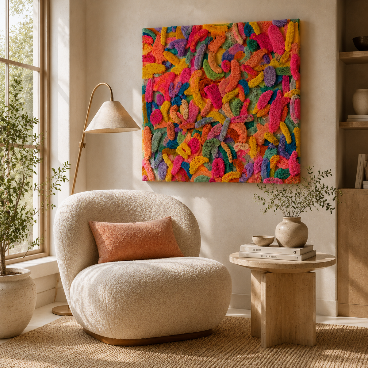Colorful confetti pile wall art by Hewn Earth featuring vibrant paper pieces arranged in an abstract design.
