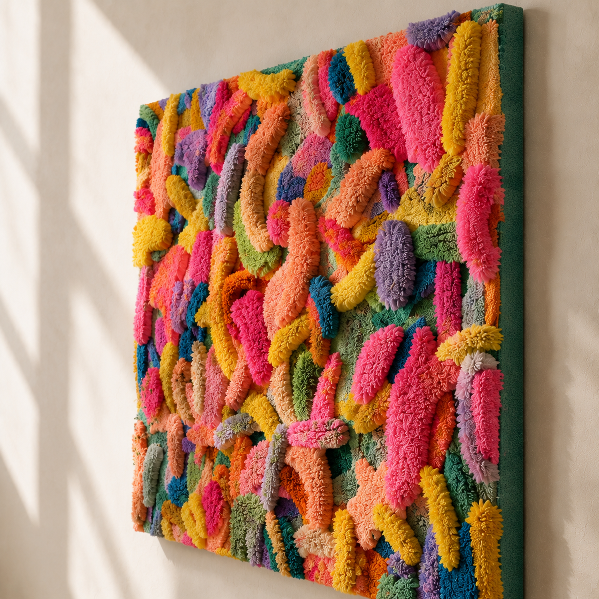 Colorful confetti pile wall art by Hewn Earth featuring vibrant paper-like confetti pieces against a neutral background.