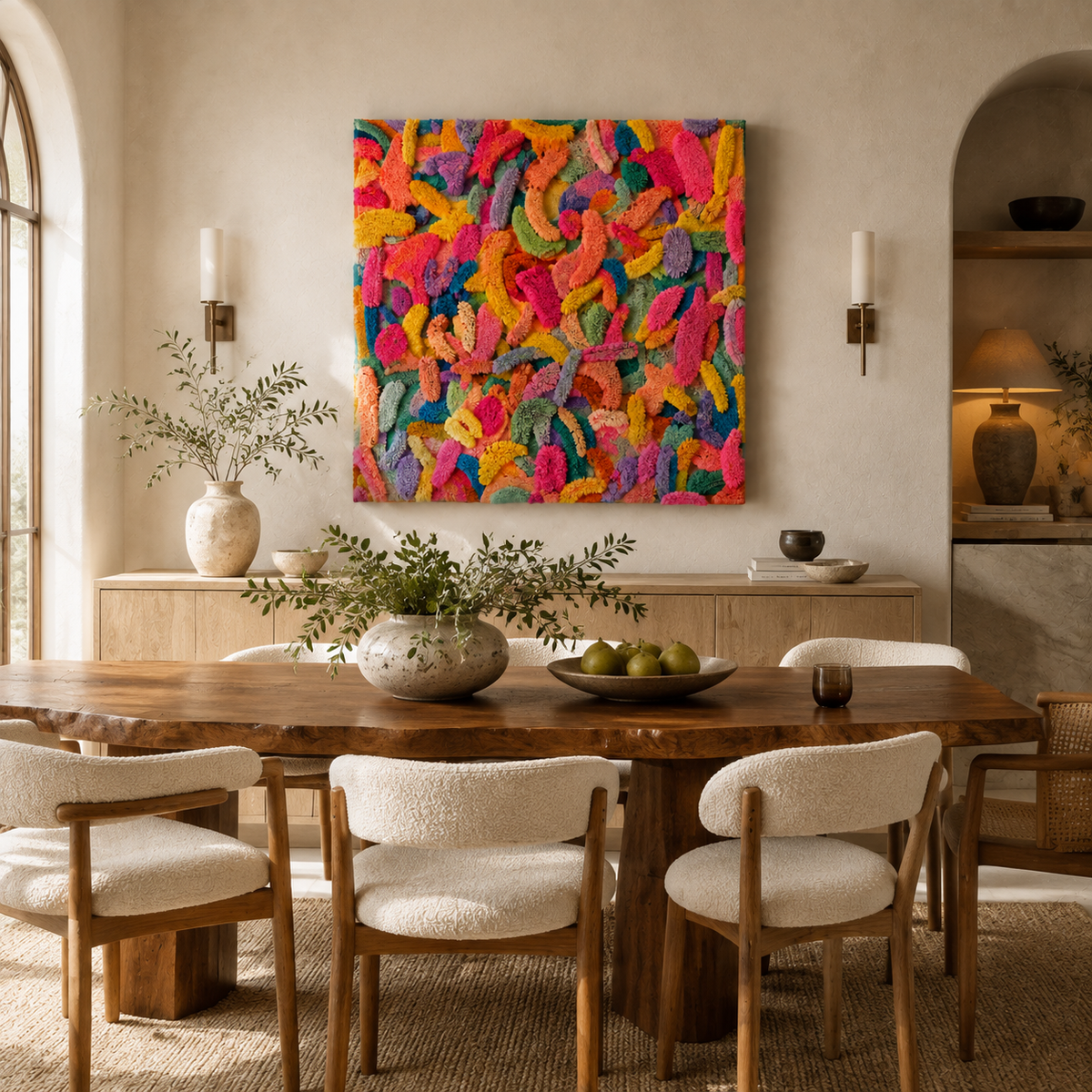 Hewn Earth Confetti Pile wall art featuring colorful paper confetti in a dynamic, textured design for modern home decor.