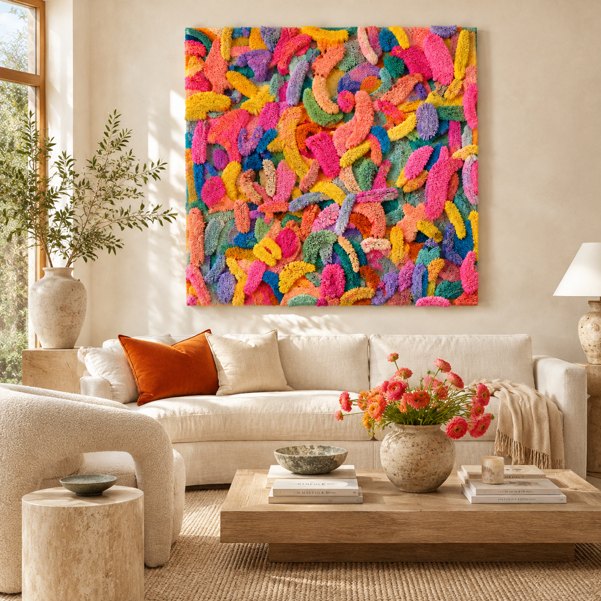Colorful confetti pile wall art by Hewn Earth featuring vibrant paper fragments arranged in a dynamic, festive display.