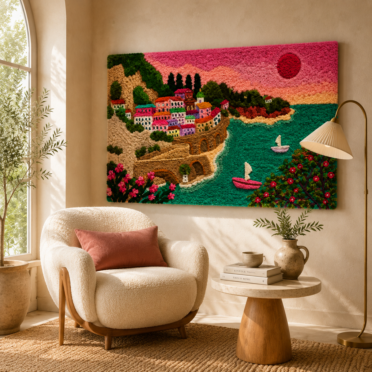Hewn Earth Amalfi Rose Harbour wall art featuring a vibrant depiction of a scenic harbor with roses and coastal landscape.