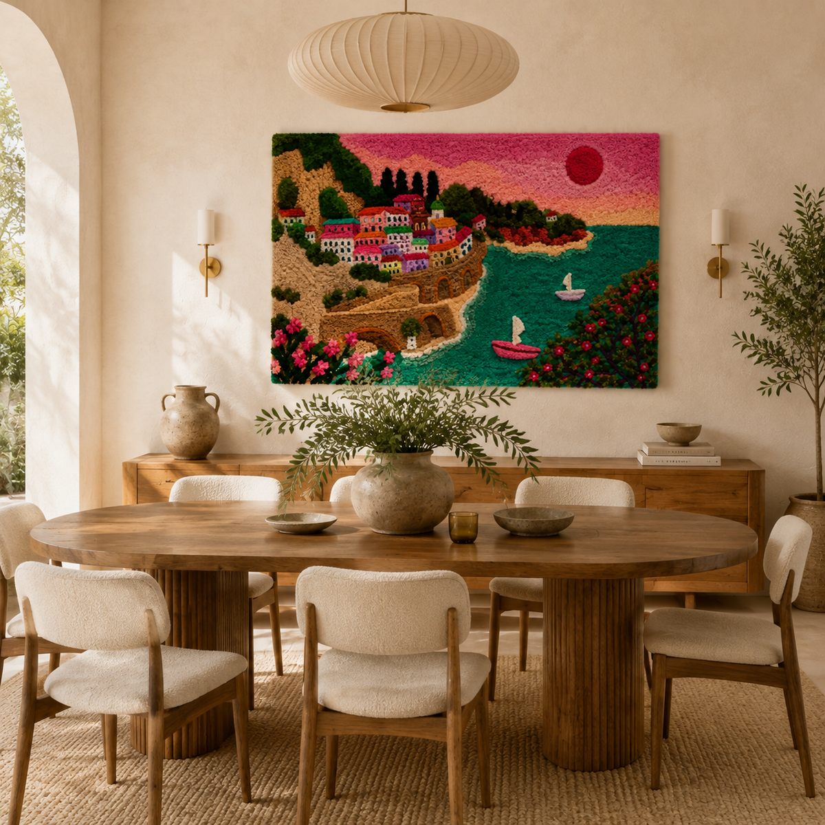 Hewn Earth Amalfi Rose Harbour wall art featuring a vibrant floral and coastal scene on a canvas.