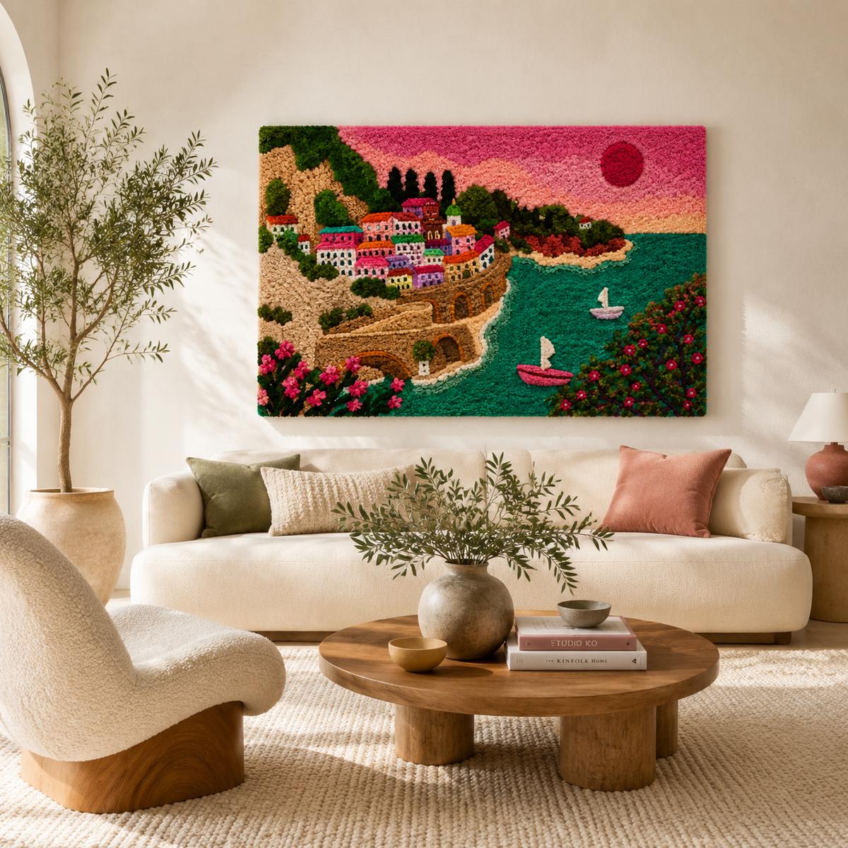 Hewn Earth Amalfi Rose Harbour wall art featuring a vibrant seaside scene with colorful boats and coastal landscape.
