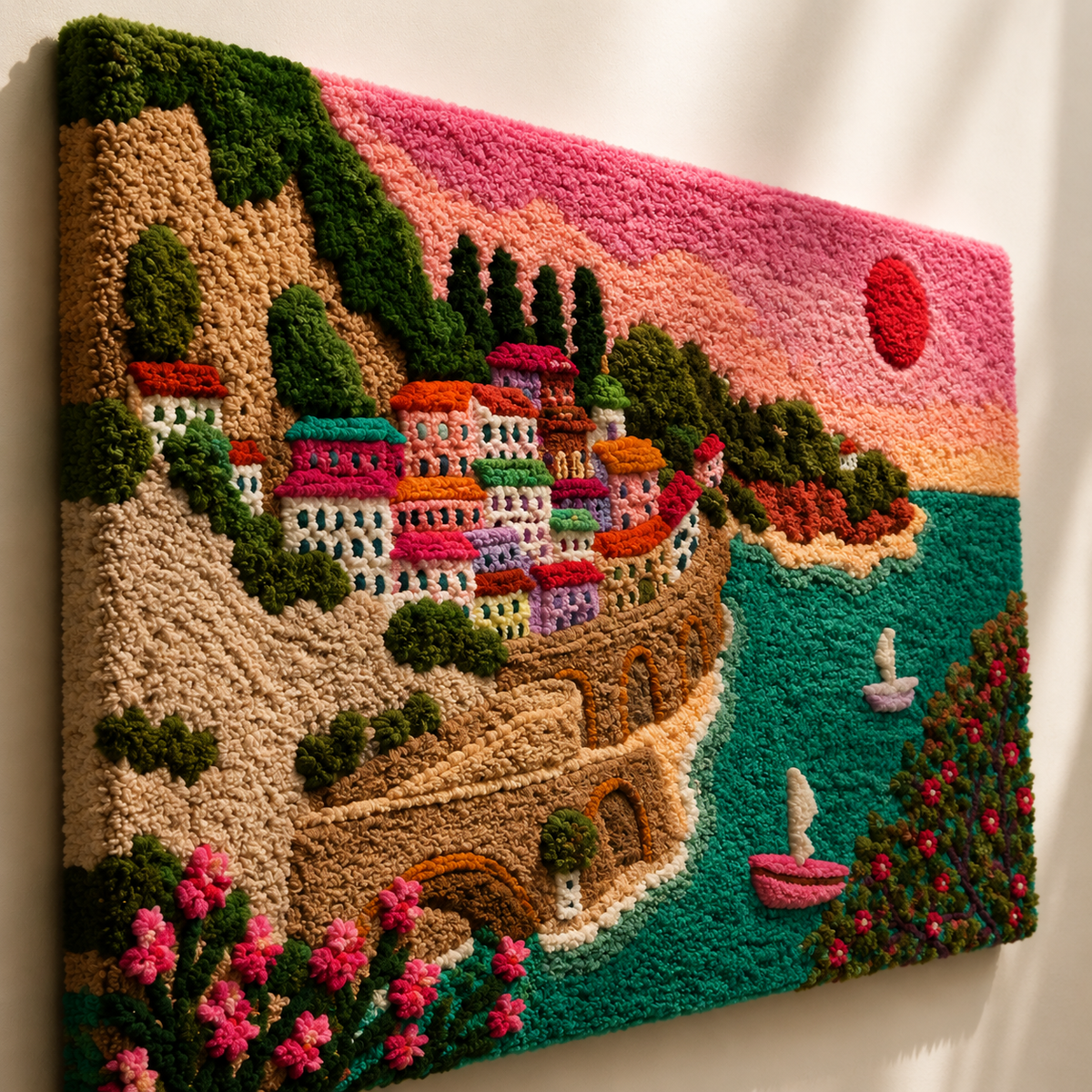 Hewn Earth Amalfi Rose Harbour wall art featuring a vibrant floral design on a textured canvas.