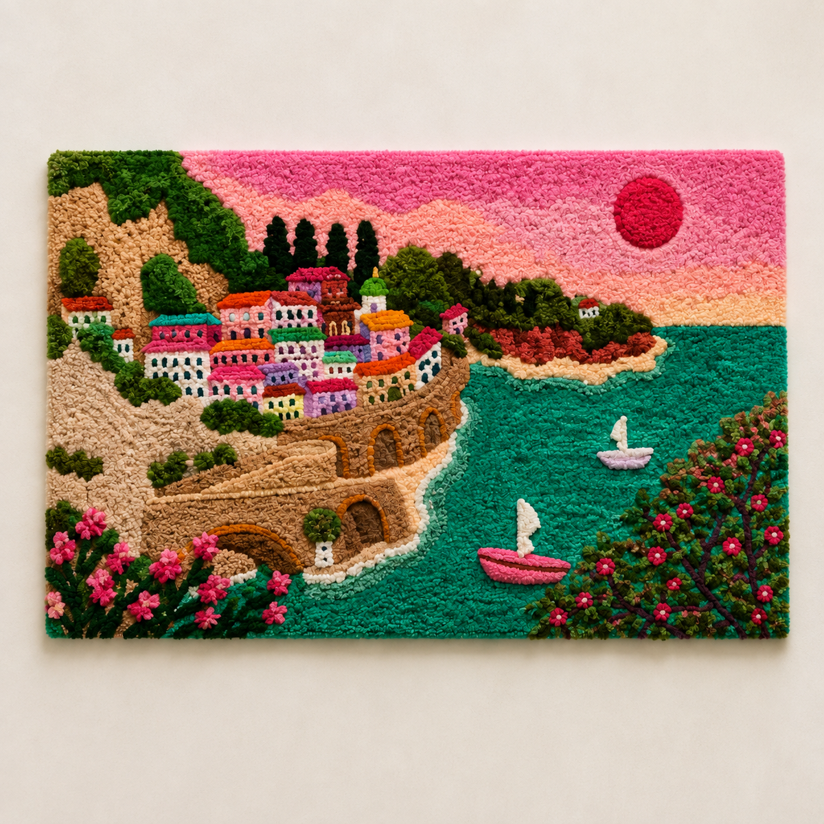 Hewn Earth Amalfi Rose Harbour wall art featuring vibrant floral and coastal scene in a colorful, artistic wall decor piece.