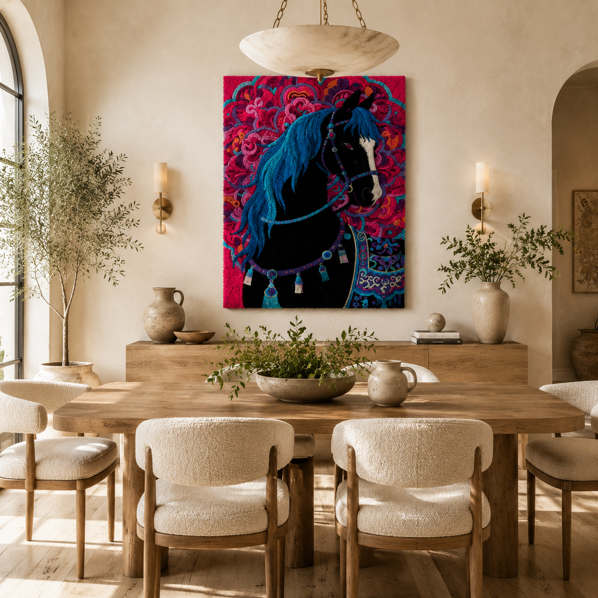 Hewn Earth Midnight Mare in Roses wall art featuring a dark horse surrounded by roses, displayed on a room wall.
