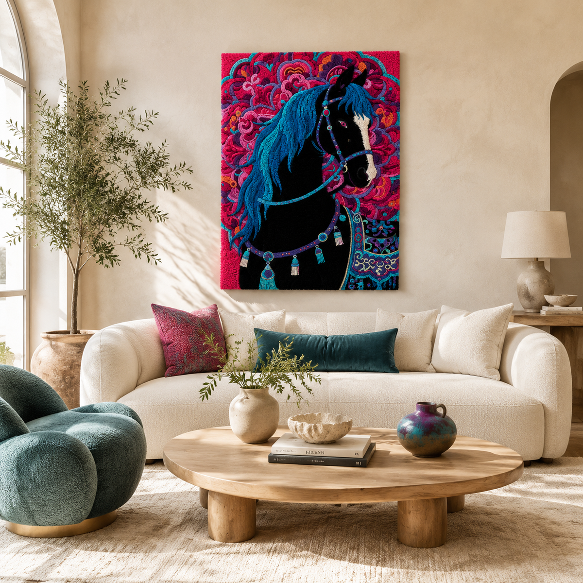 Midnight Mare in Roses wall art by Hewn Earth featuring a dark horse surrounded by red roses on a canvas.