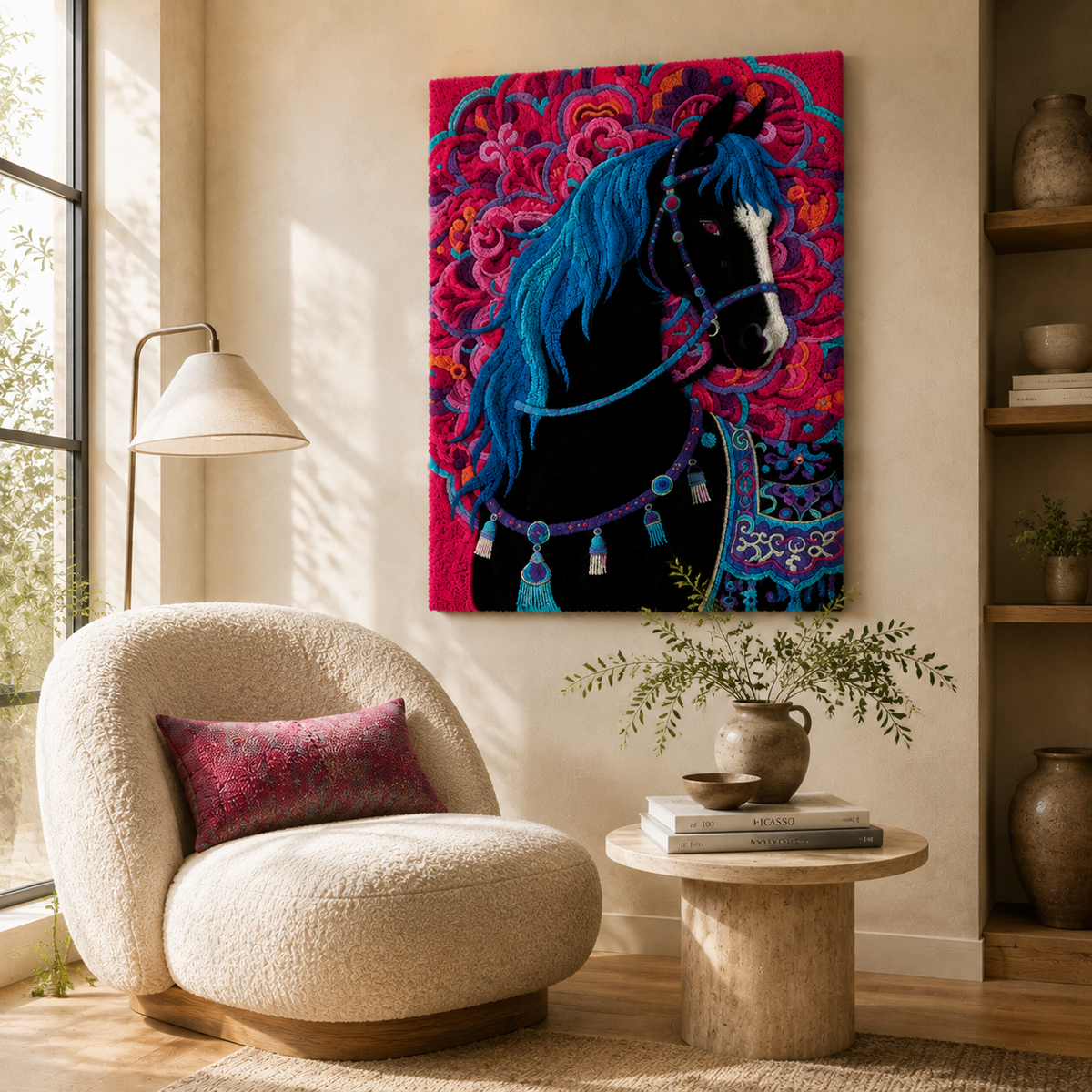 Hewn Earth Midnight Mare in Roses wall art featuring a dark horse surrounded by vibrant roses on a canvas.