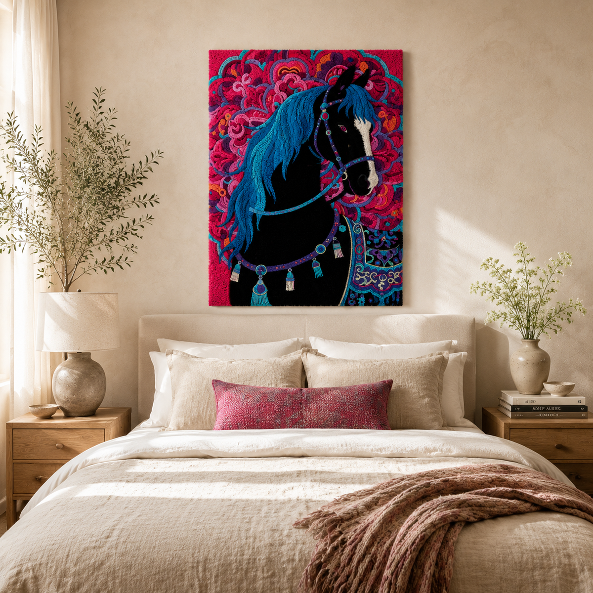 Hewn Earth Midnight Mare in Roses wall art featuring a dark horse surrounded by red roses on a canvas print.