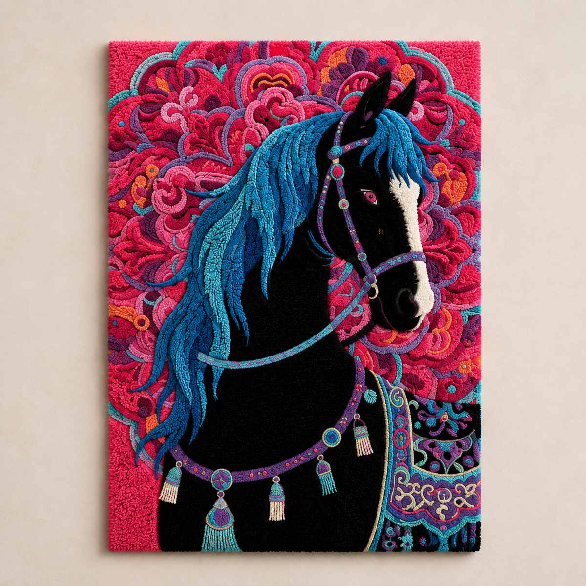 Hewn Earth Midnight Mare in Roses wall art featuring a dark, artistic depiction of a horse surrounded by roses.