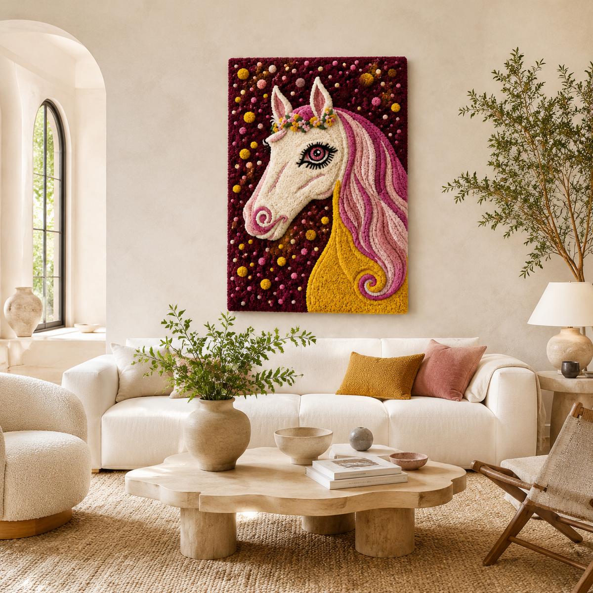Hewn Earth Celestial Rose Unicorn wall art featuring a mystical unicorn with a rose motif, decorative wall decor for a whimsical space.