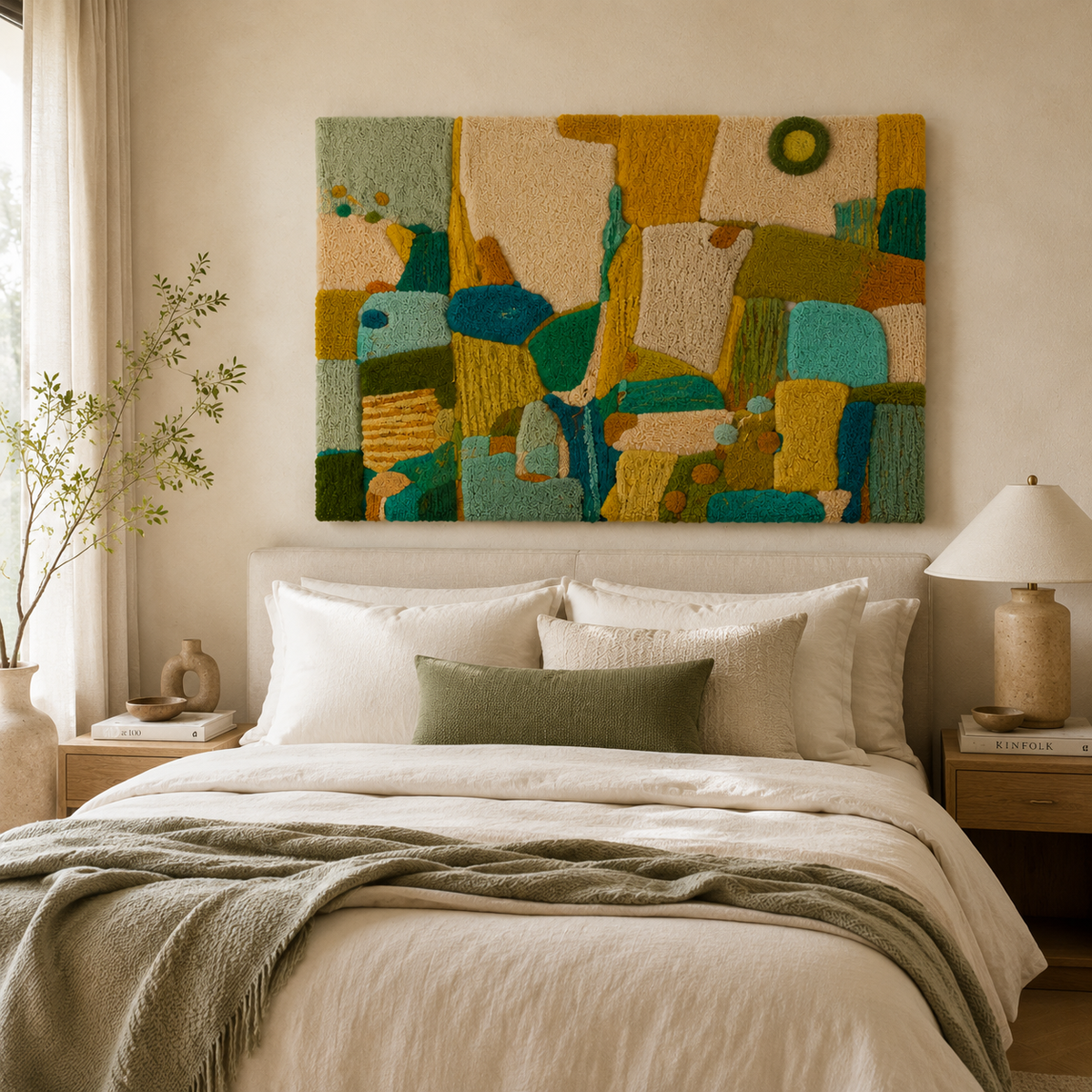 Hewn Earth Verdant Block Meadow wall art featuring lush green foliage and natural textures, ideal for modern interior decor.