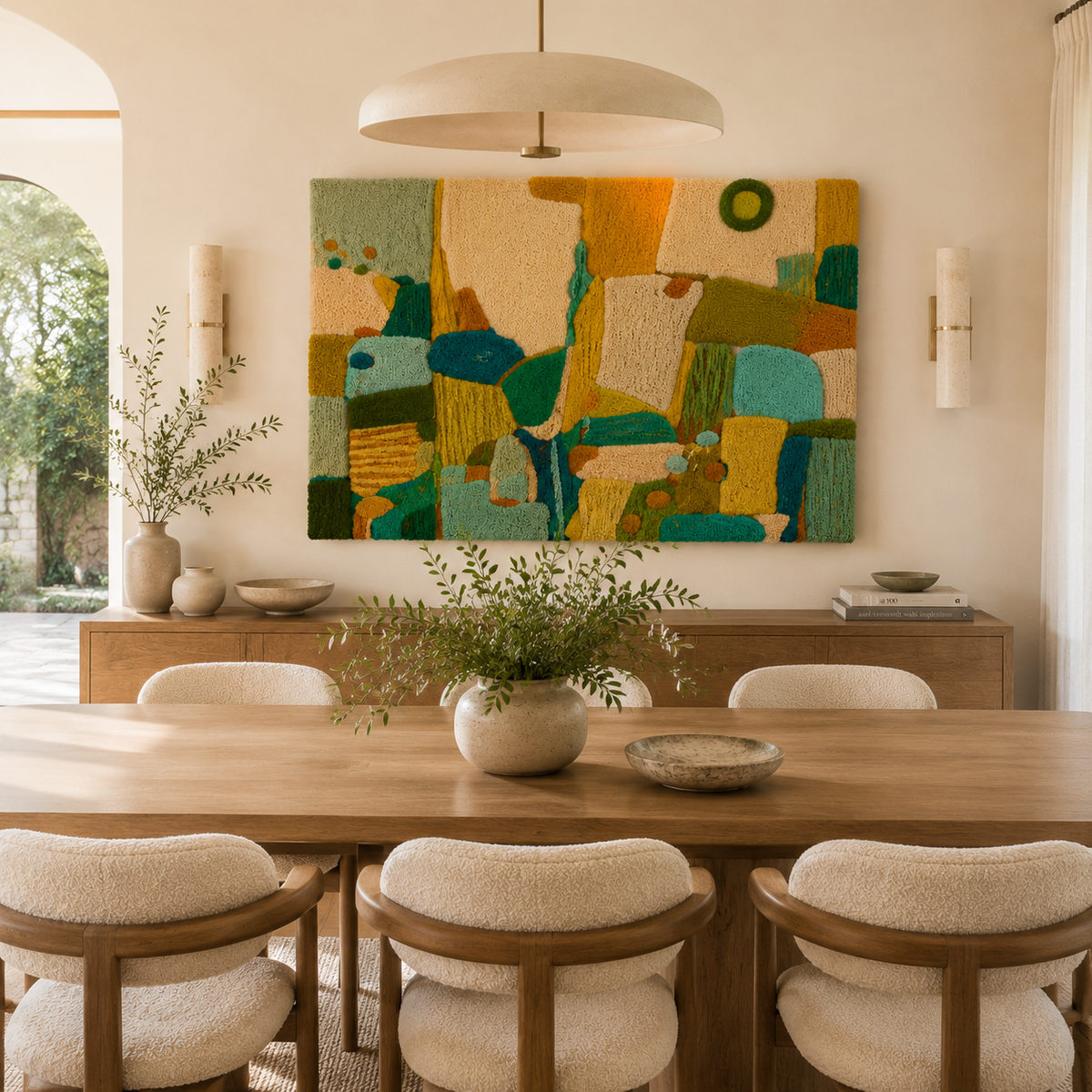 Hewn Earth Verdant Block Meadow wall art featuring lush green foliage and natural landscape scene on textured canvas.