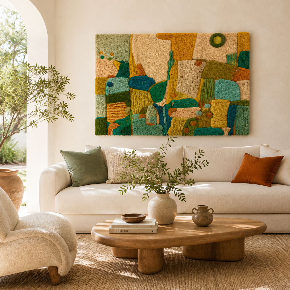 Hewn Earth Verdant Block Meadow wall art featuring lush green foliage and natural botanical design on a canvas.