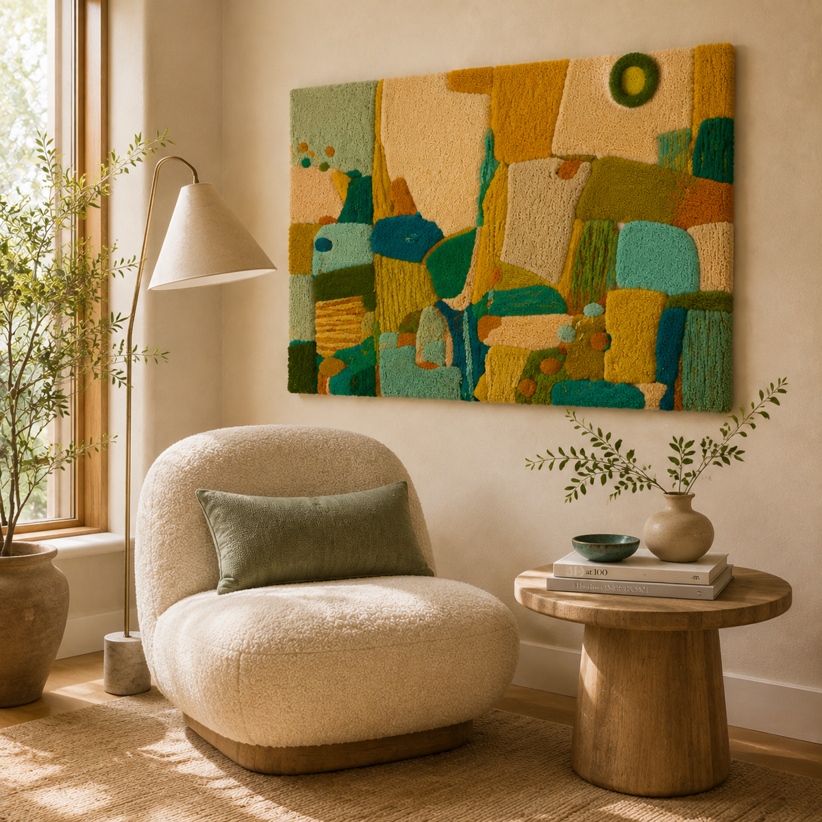 Hewn Earth Verdant Block Meadow wall art featuring lush green foliage and natural textures in a modern framed design.