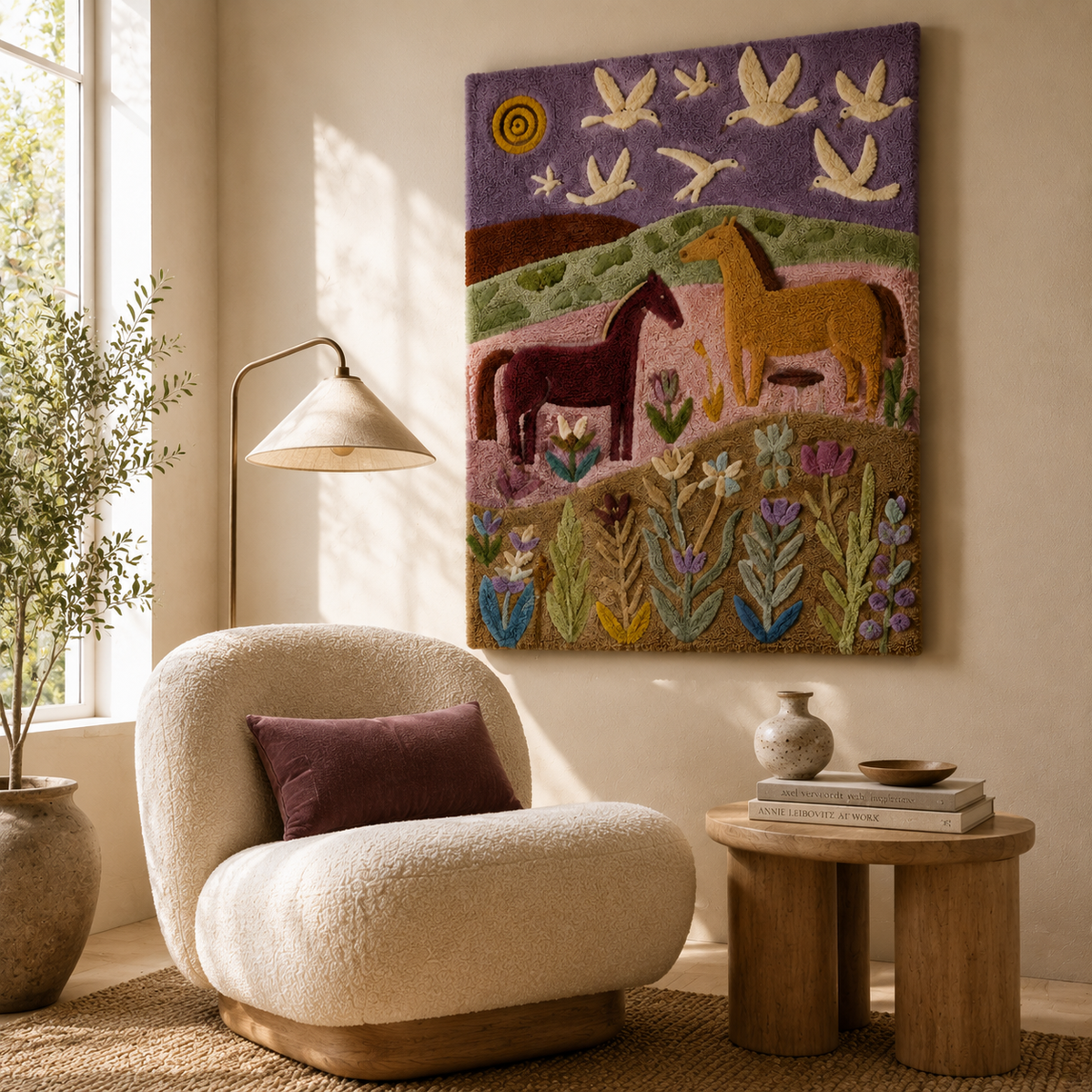 Violet Pasture Reverie wall art by Hewn Earth featuring a vibrant, abstract landscape with purple and green hues in a natural setting.