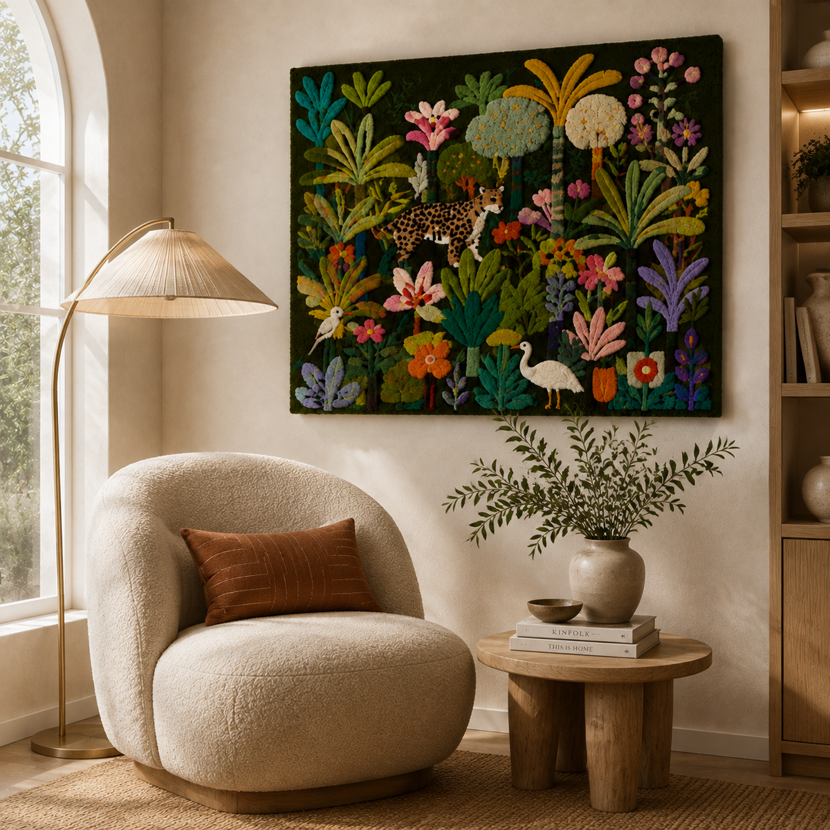 Hewn Earth Midnight Garden Menagerie wall art featuring intricate botanical illustrations on a framed canvas.
