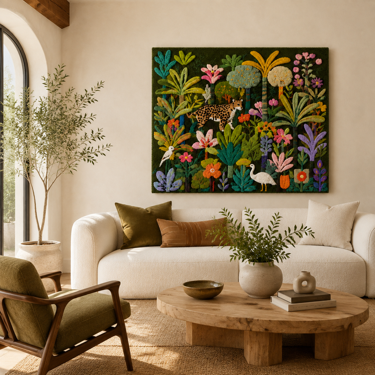 Hewn Earth Midnight Garden Menagerie wall art featuring vibrant botanical and animal illustrations on a dark background