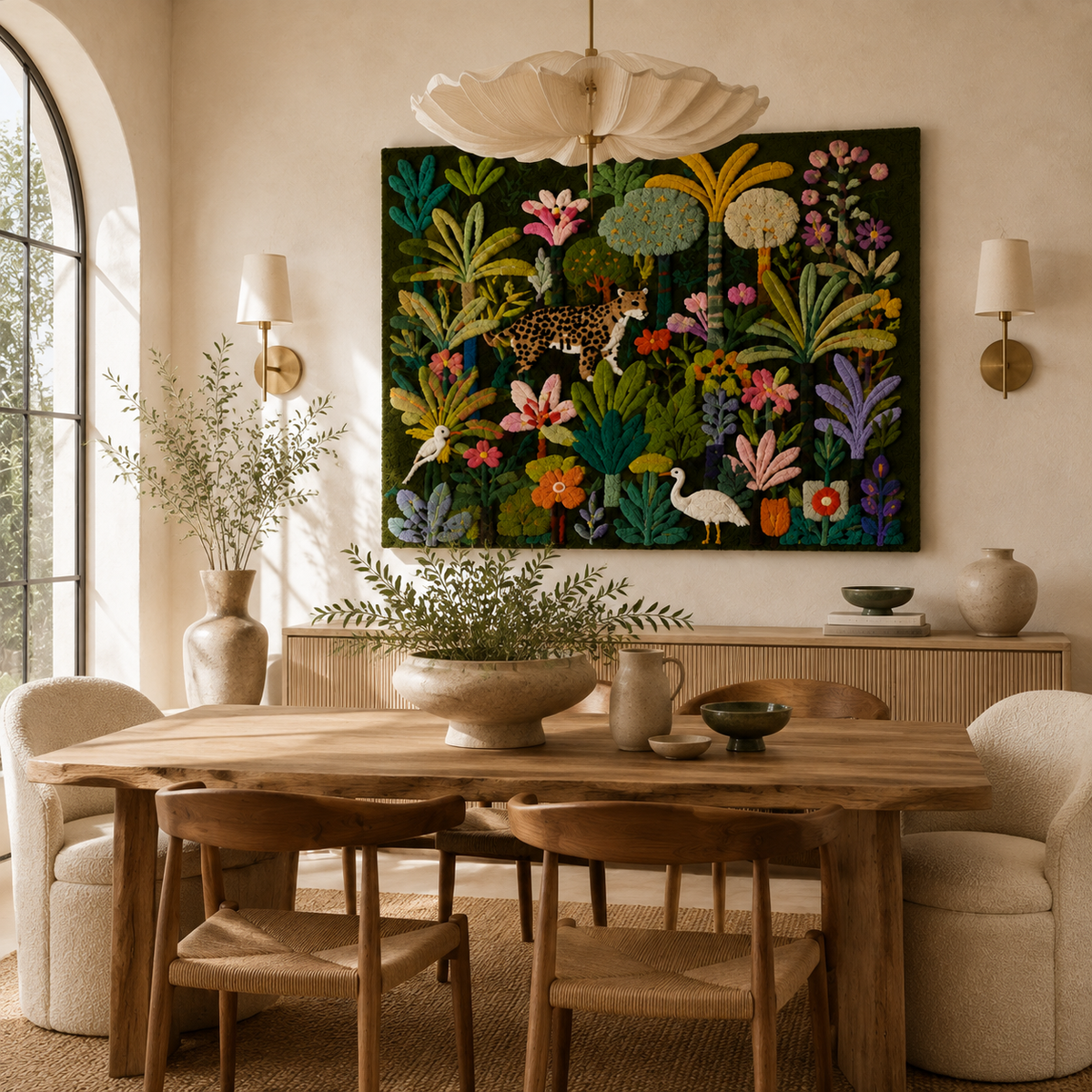 Hewn Earth Midnight Garden Menagerie wall art featuring vibrant, detailed botanical and animal illustrations on a decorative canvas