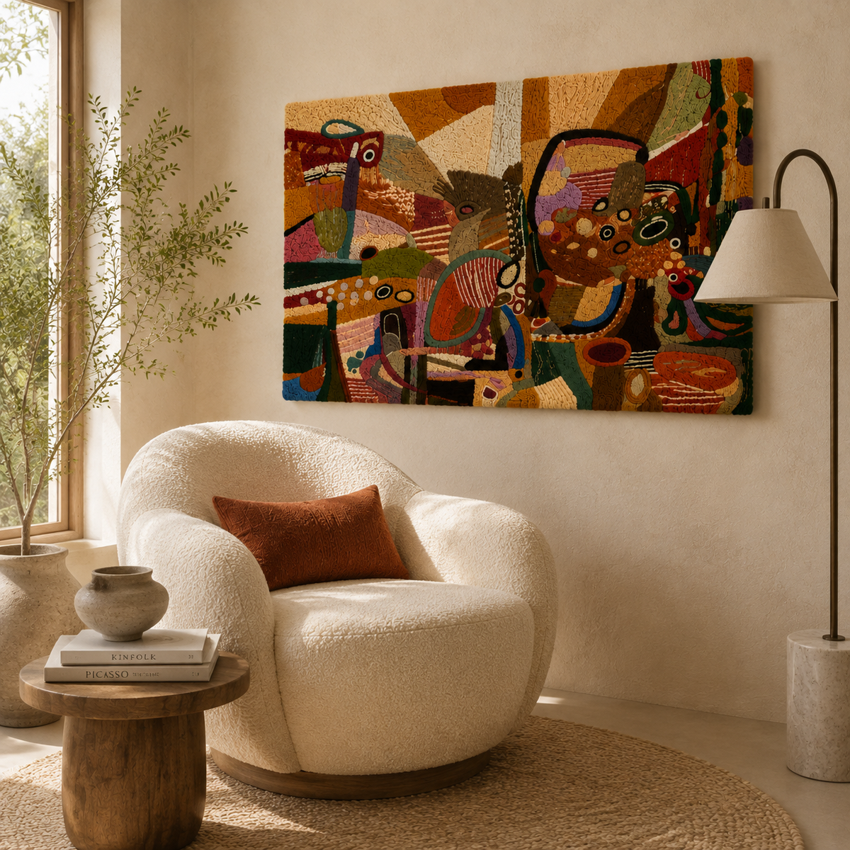 Hewn Earth Caravan of Forms wall art featuring abstract geometric shapes in a modern design for interior decor.