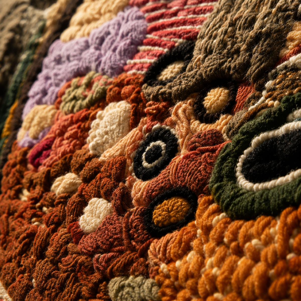 Close-up of Hewn Earth Caravan of Forms wall art featuring intricate geometric patterns on textured material.