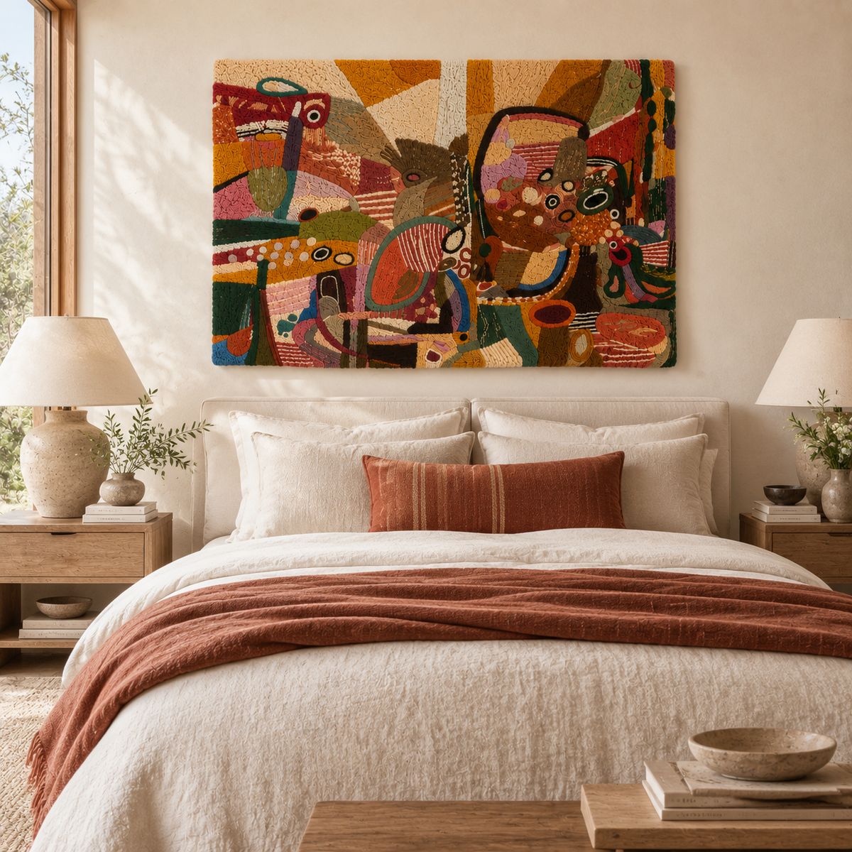Colorful Caravan of Forms wall art by Hewn Earth featuring abstract shapes and vibrant patterns on a neutral background.