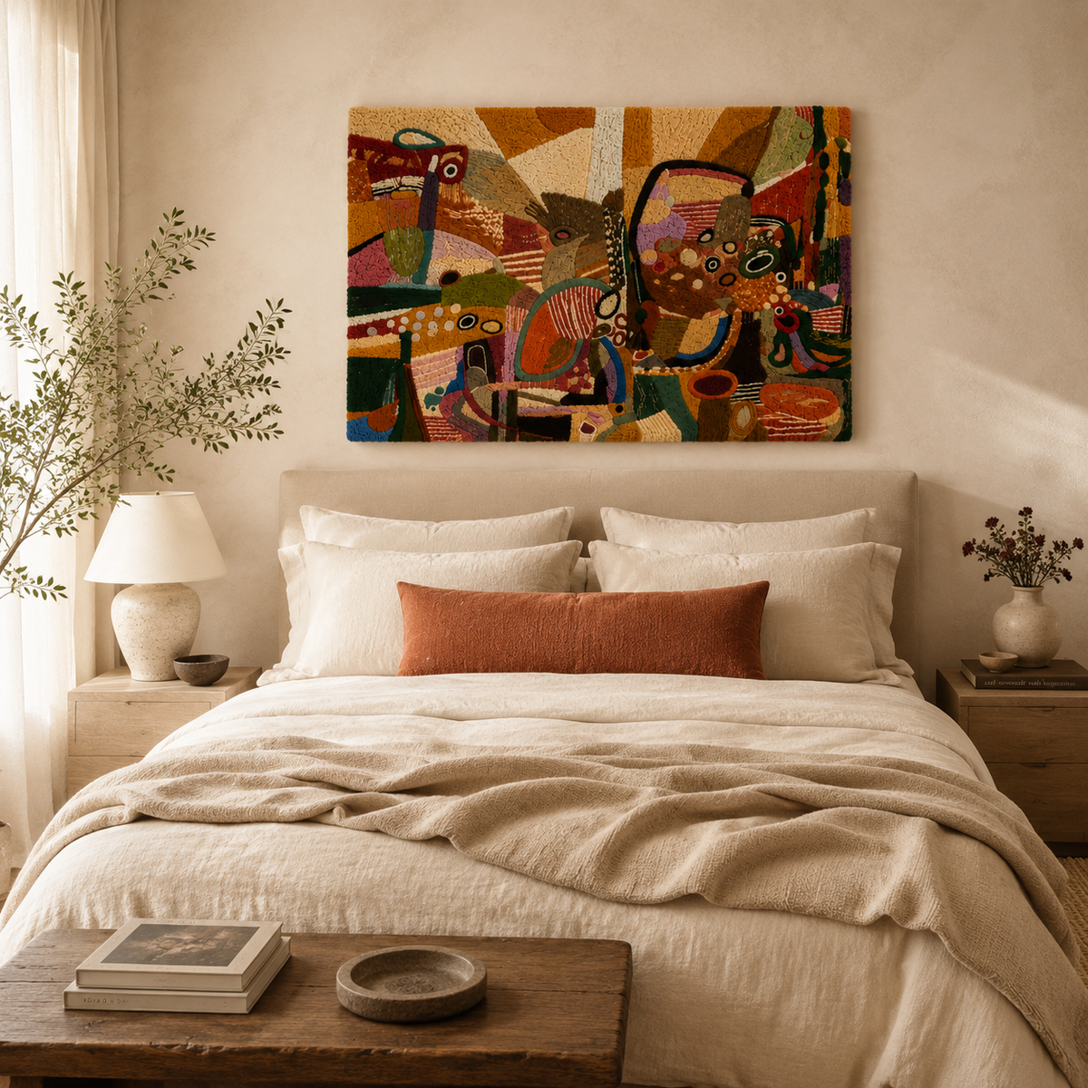 Hewn Earth Caravan of Forms wall art featuring abstract geometric shapes in earthy tones, suitable for modern interior decor.