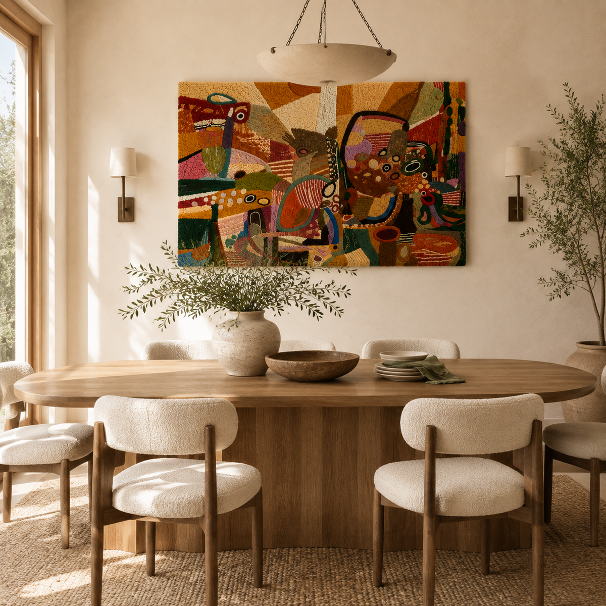 Hewn Earth Caravan of Forms wall art featuring abstract geometric shapes in earthy tones on a canvas.