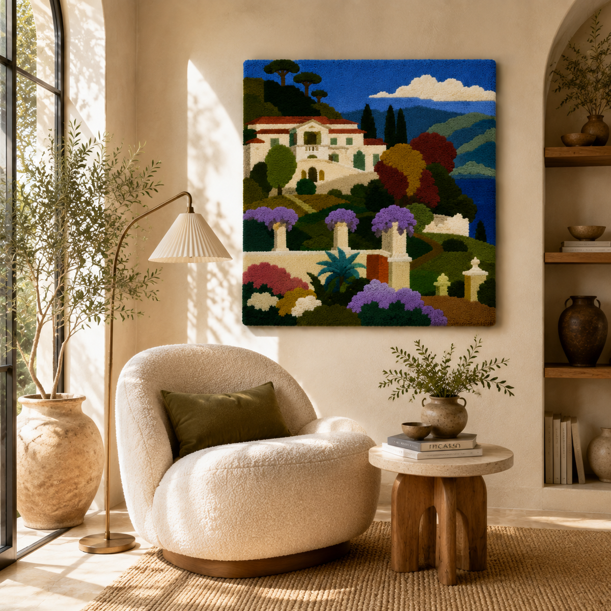 Hewn Earth Azure Villa Garden wall art featuring vibrant blue and green botanical design on a textured surface.