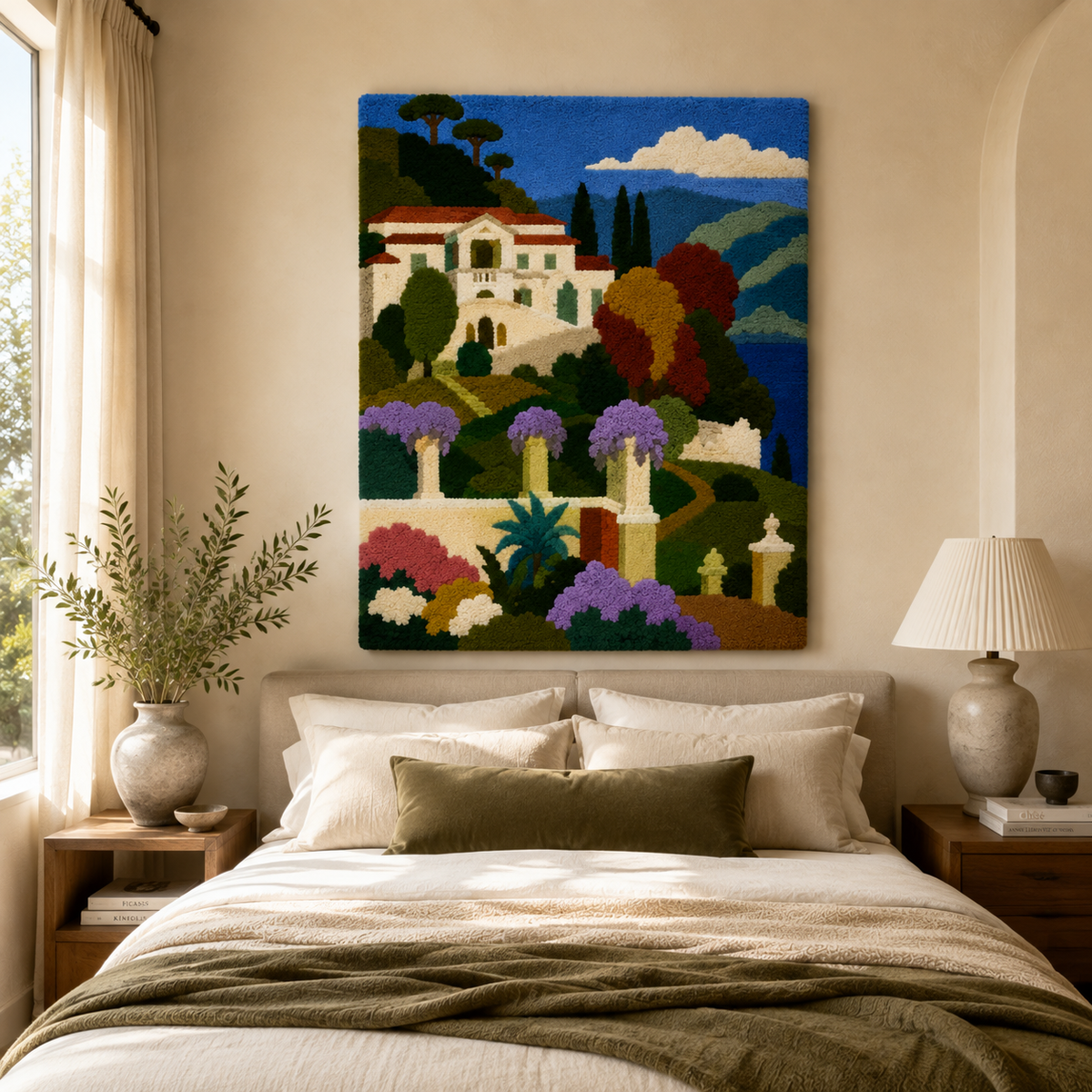 Hewn Earth Azure Villa Garden wall art featuring vibrant blue and green botanical design on a textured canvas.