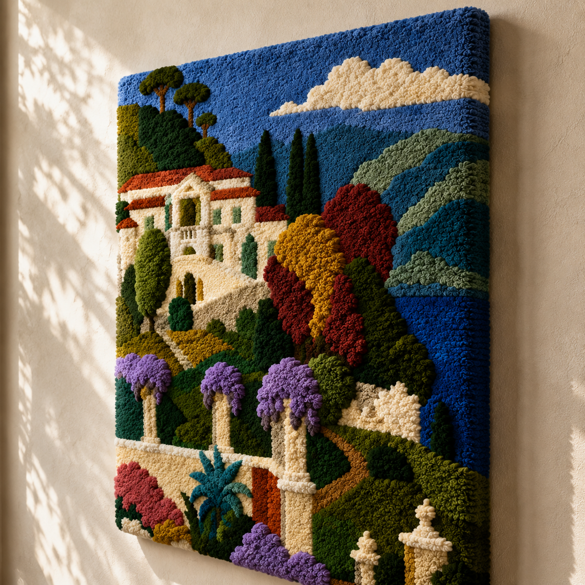 Hewn Earth Azure Villa Garden wall art featuring vibrant blue and green botanical design on a decorative wall panel.