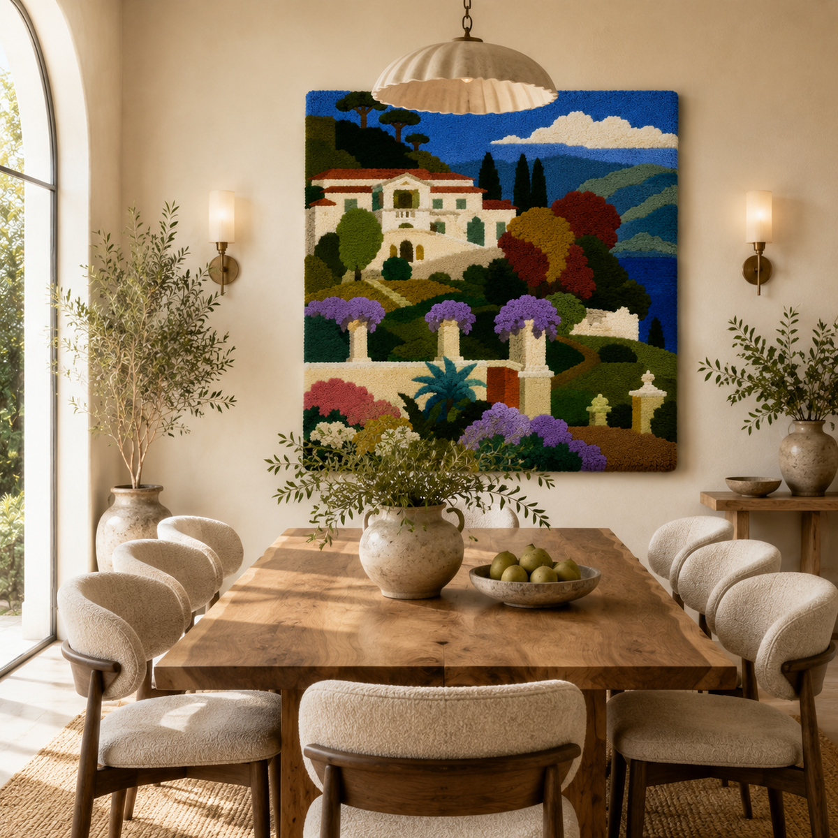 Hewn Earth Azure Villa Garden wall art featuring vibrant blue sky, lush greenery, and architectural details for outdoor decor.