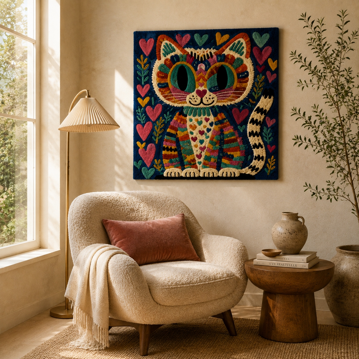 Hewn Earth Heartkeeper Cat wall art featuring a stylized cat design on a textured background, decorative home wall decor.