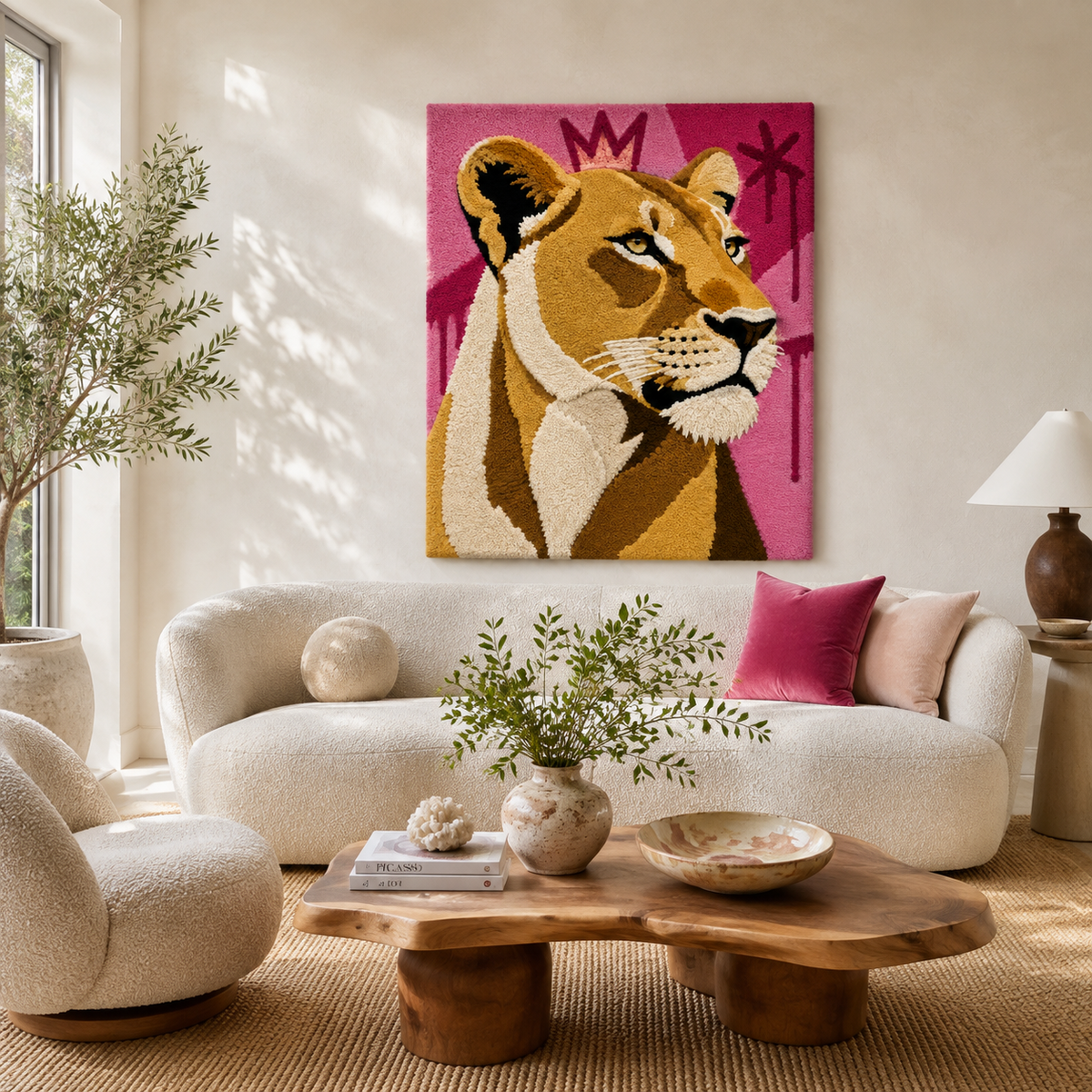 Fuchsia Lioness wall art by Hewn Earth featuring a vibrant lioness design on a decorative wall piece.