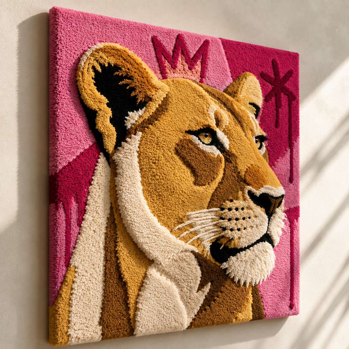 Fuchsia Lioness wall art by Hewn Earth featuring a vibrant, detailed lioness illustration on a wall display.