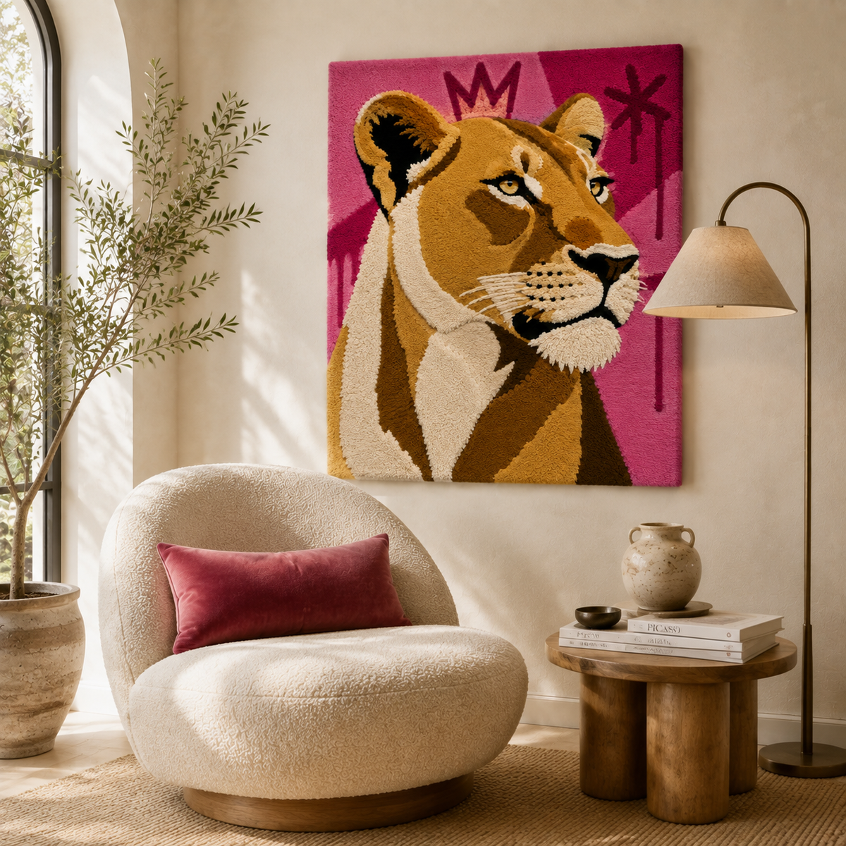 Fuchsia wall art featuring a lioness design by Hewn Earth, vibrant colors and detailed illustration for home decor.