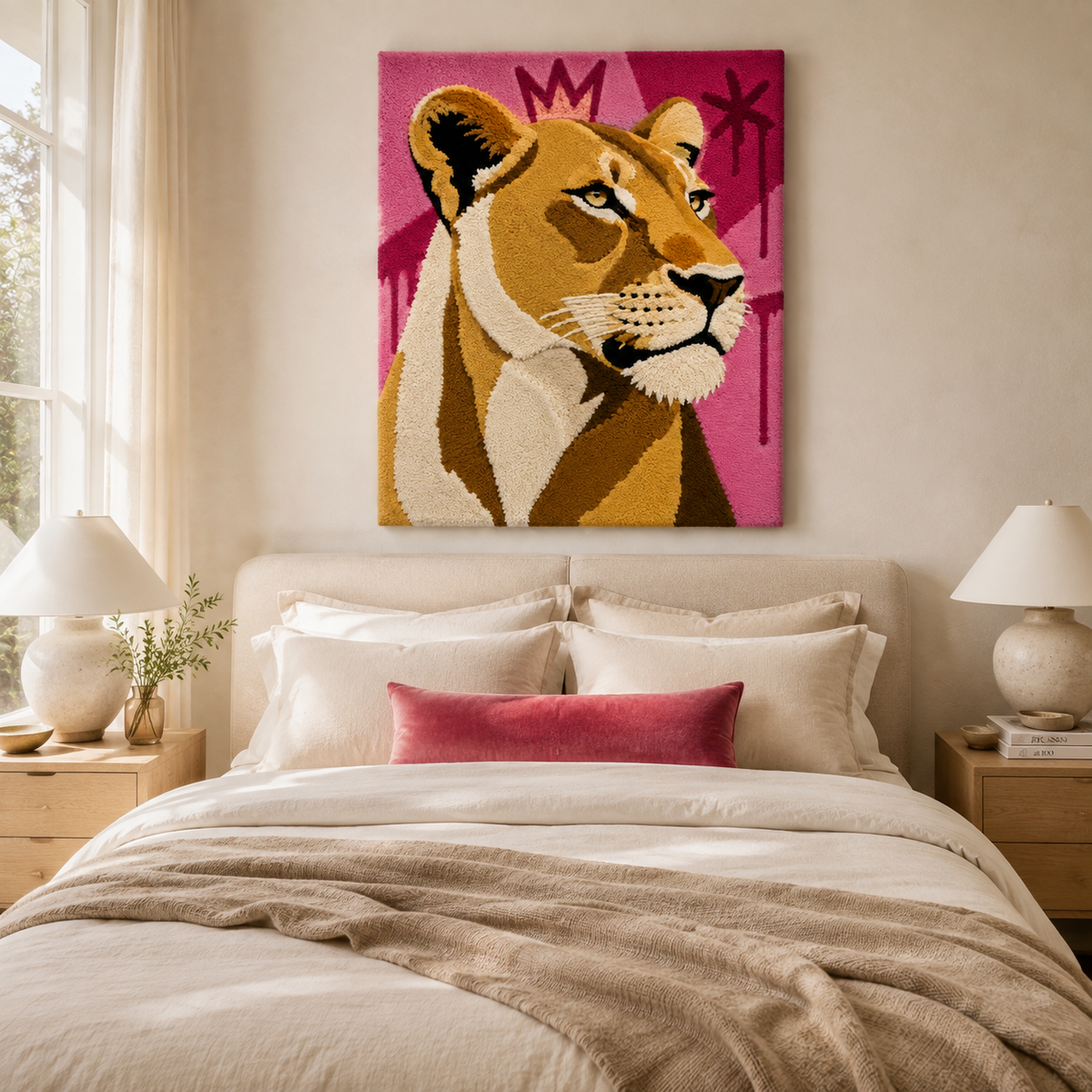 Fuchsia Lioness wall art by Hewn Earth featuring vibrant lioness illustration on a textured background.