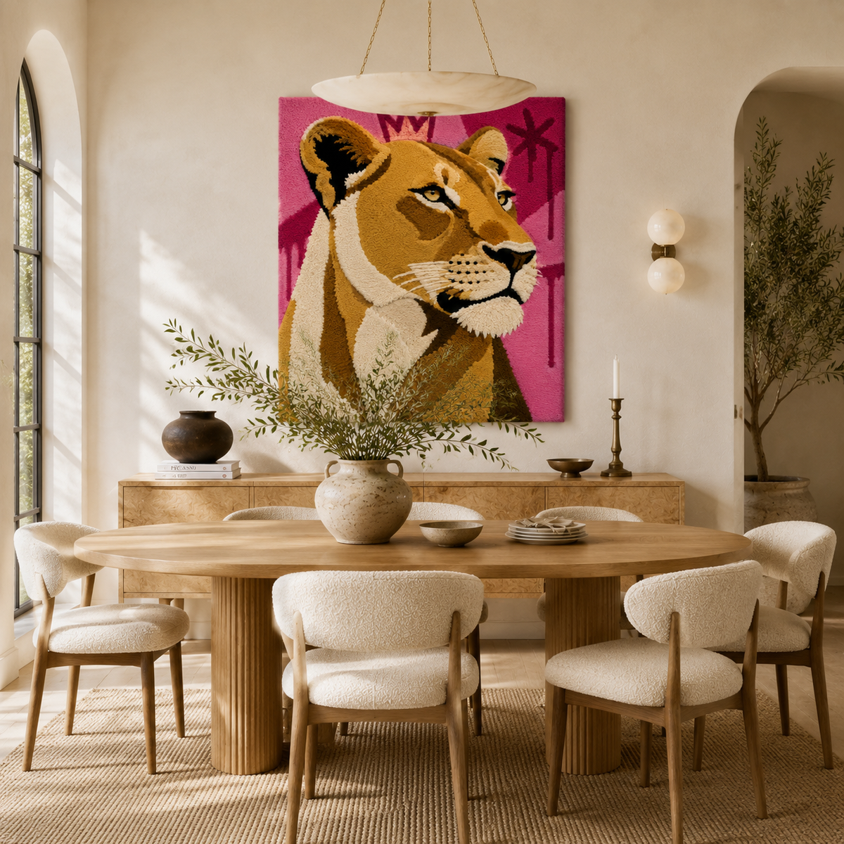 Fuchsia Lioness wall art by Hewn Earth featuring a vibrant lioness design on a decorative wall art piece