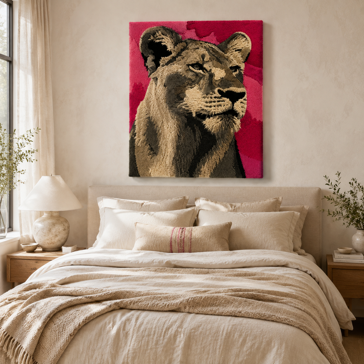 Hewn Earth Rosefield Lion wall art featuring a detailed, artistic lion illustration on a neutral background.