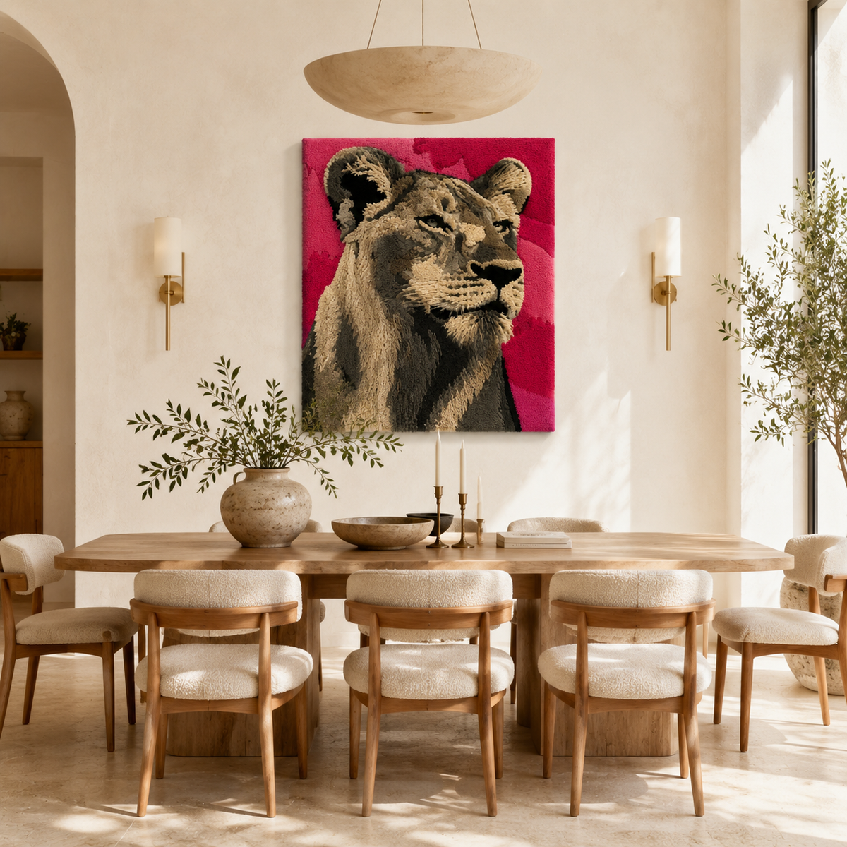 Rosefield Lion wall art by Hewn Earth showing a detailed, modern illustration of a lion's face on a neutral background.