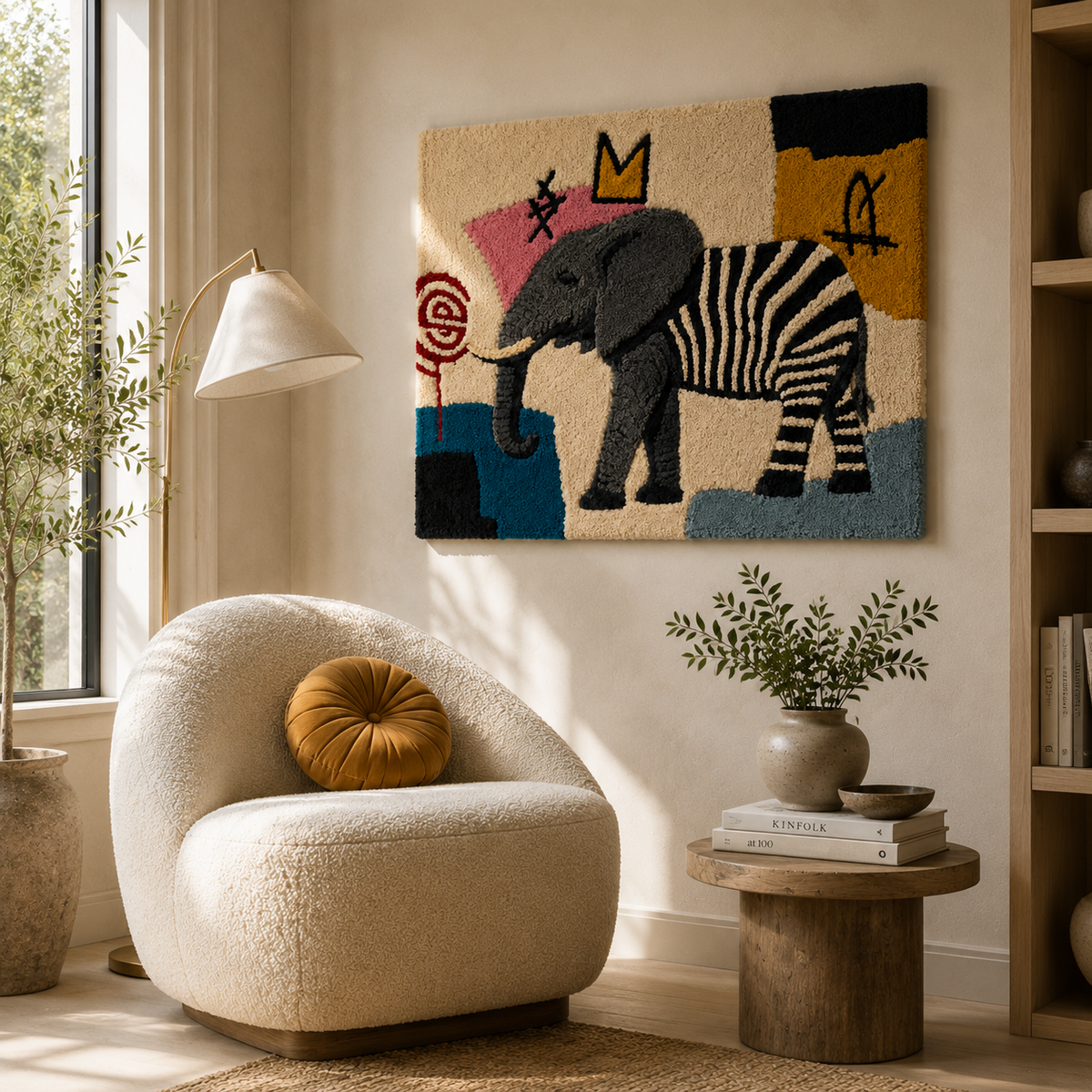 Colorful Zebra and elephant parade wall art by Hewn Earth, featuring vibrant animal illustrations on a decorative wall display.
