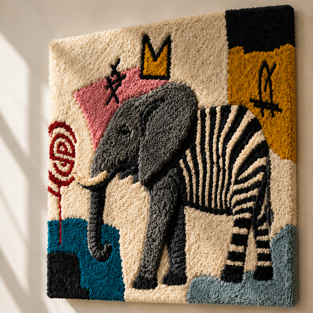 Colorful Zebra Elephant Parade wall art by Hewn Earth featuring vibrant zebra and elephant illustrations on a decorative wall display.