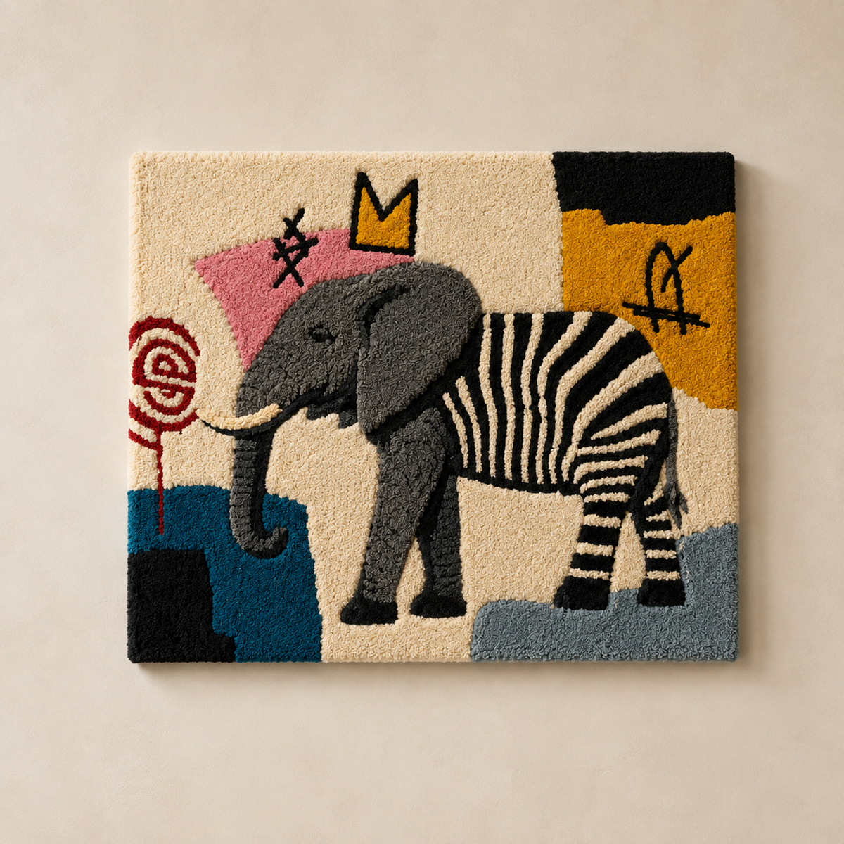 Colorful wall art featuring a zebra and elephant parade by Hewn Earth, showcasing vibrant animals in a lively display.