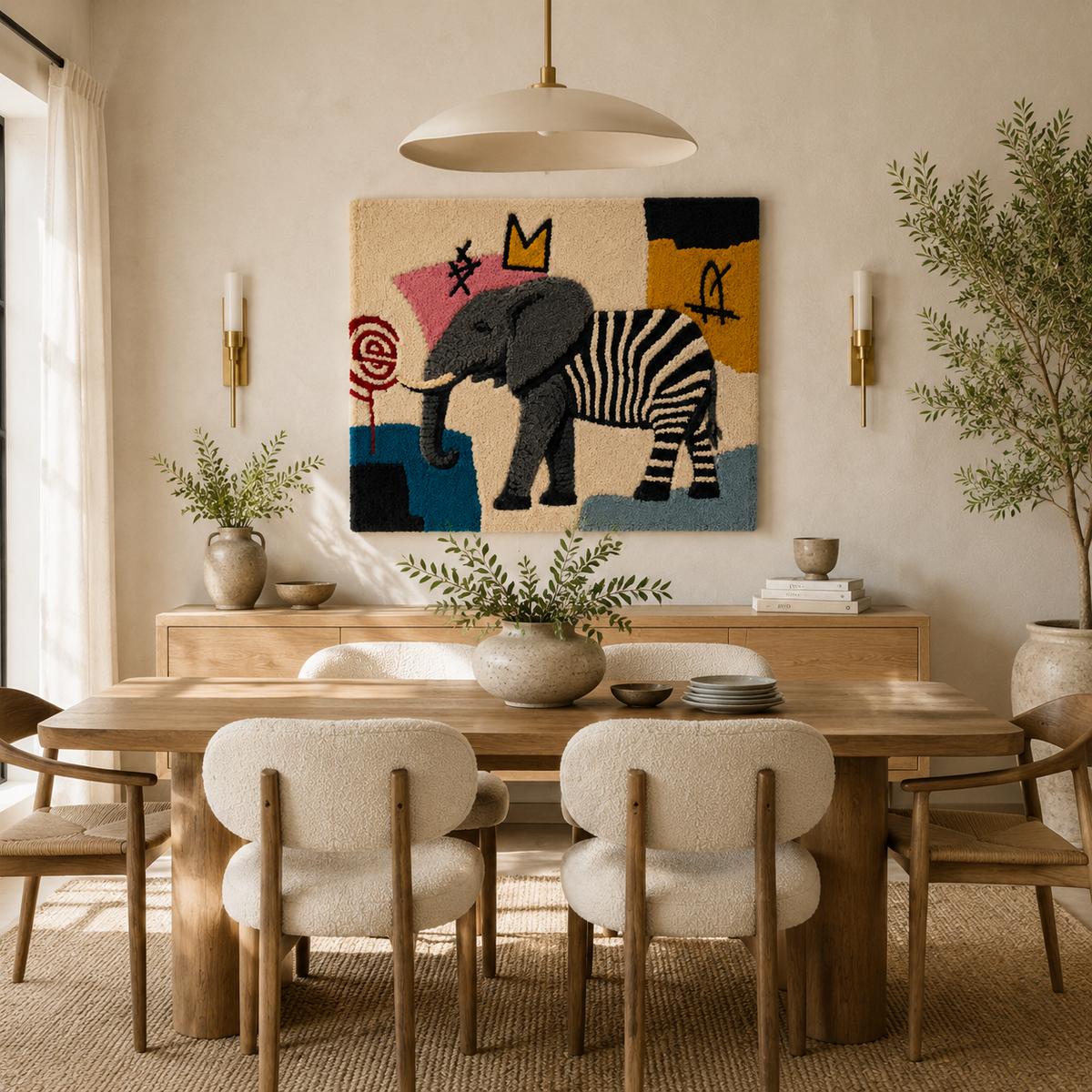Colorful Zebra and Elephant Parade wall art by Hewn Earth featuring vibrant animal illustrations on a textured background.