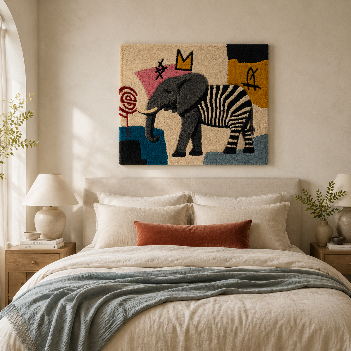 Colorful Zebra Elephant Parade wall art by Hewn Earth featuring vibrant zebra and elephant illustrations on a decorative wall display.