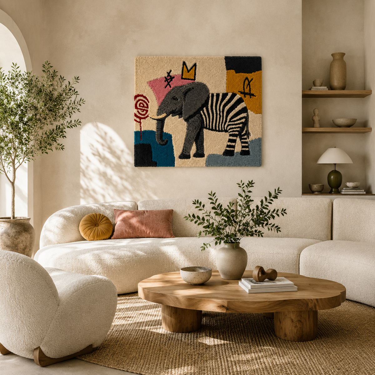 Colorful Zebra Elephant Parade wall art by Hewn Earth featuring vibrant zebra and elephant illustrations on a decorative canvas.