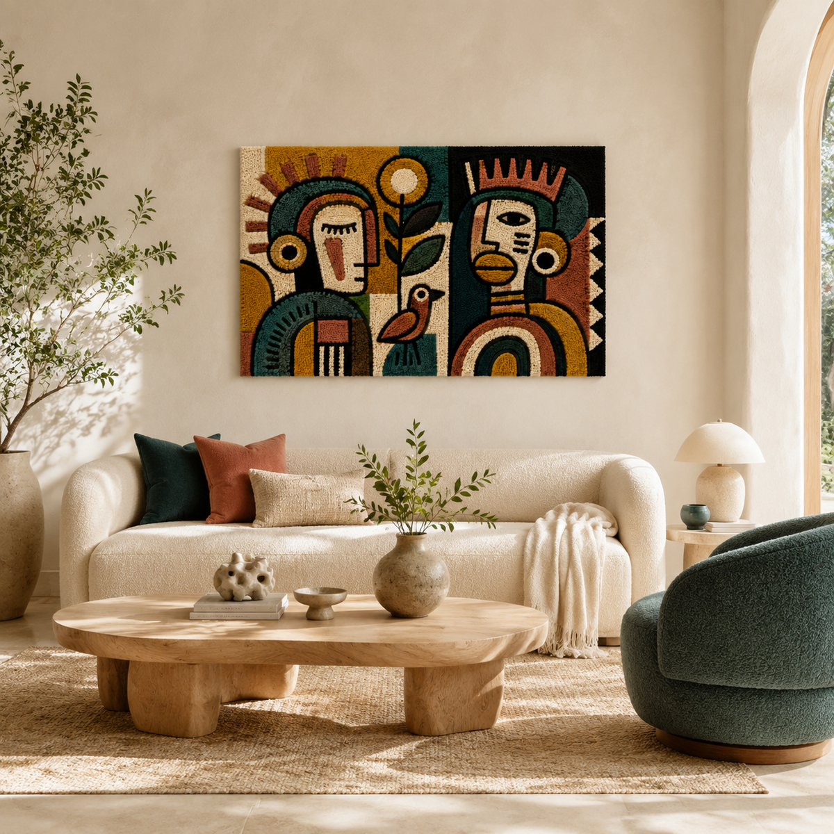 Sunlit Ancestral Faces wall art by Hewn Earth featuring detailed, warm-toned tribal face illustrations on a neutral background.