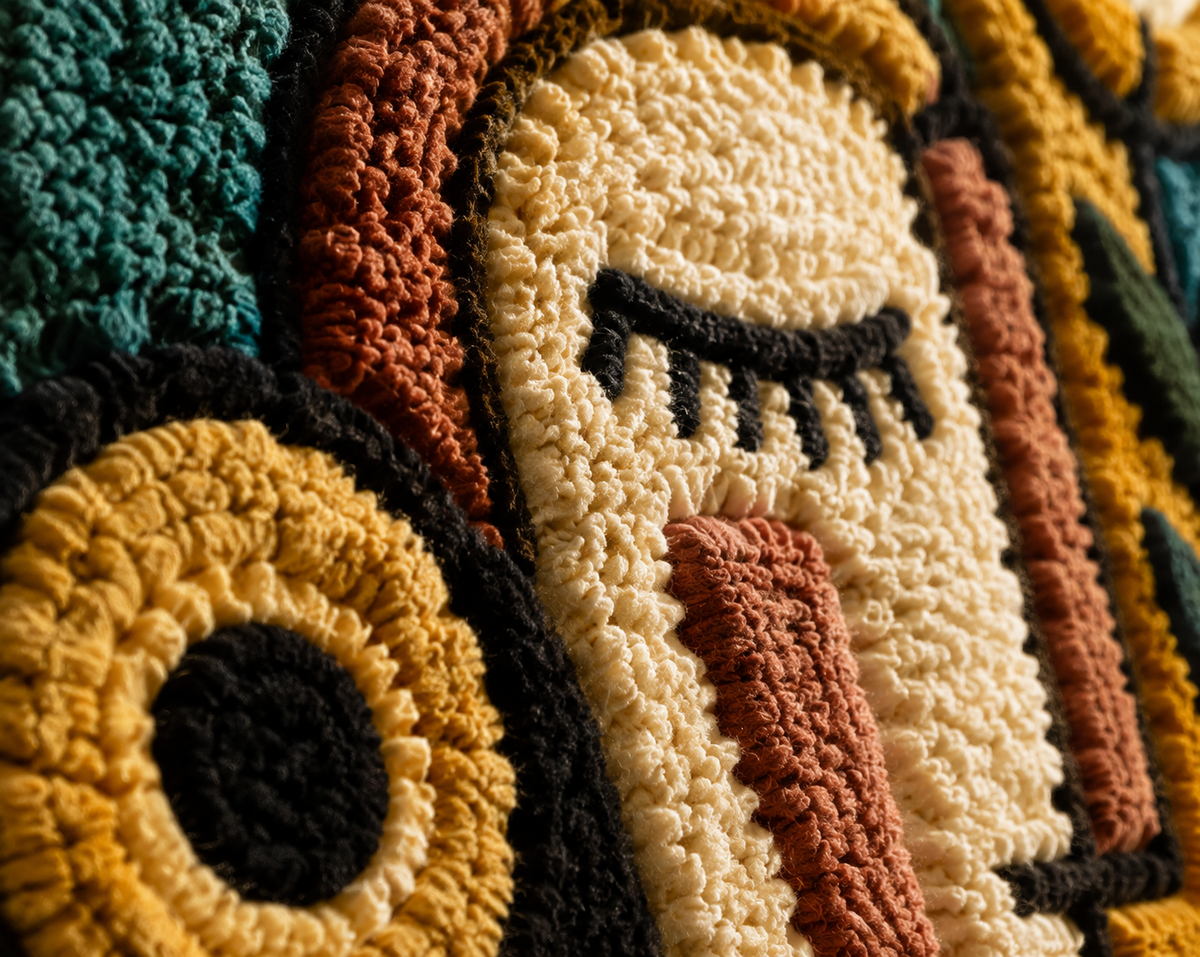Close-up of Hewn Earth Sunlit Ancestral Faces wall art showcasing detailed, warm-toned tribal-inspired face designs on textured canvas.