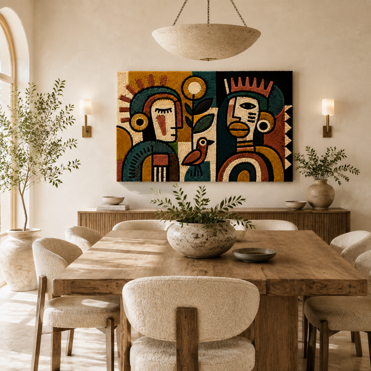 Sunlit Ancestral Faces wall art by Hewn Earth featuring illuminated tribal face designs on textured canvas.
