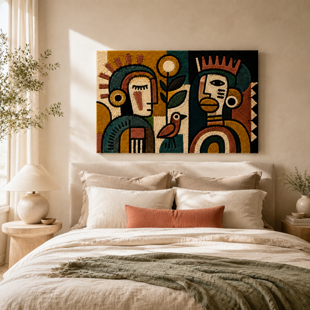 Sunlit Ancestral Faces wall art by Hewn Earth featuring warm-toned, textured tribal face illustrations on canvas.
